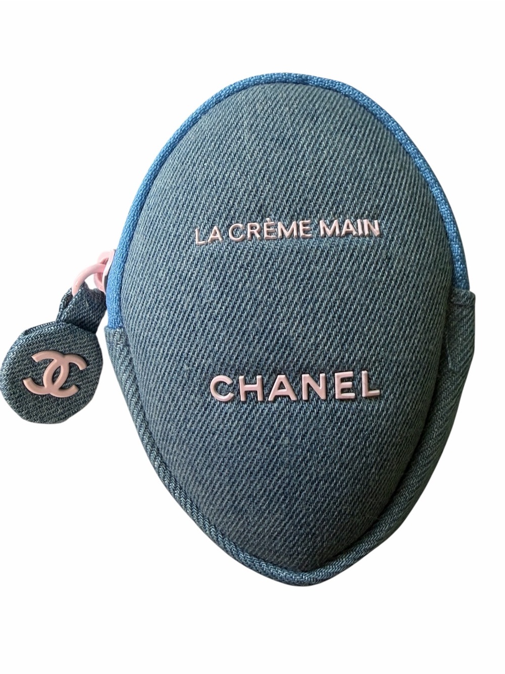Denim coin purse/wristlet  with light pink logo accents